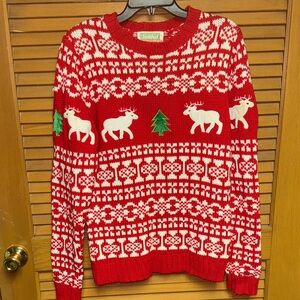 Holiday Time Red and White Crewneck Sweater with Reindeer and Tree